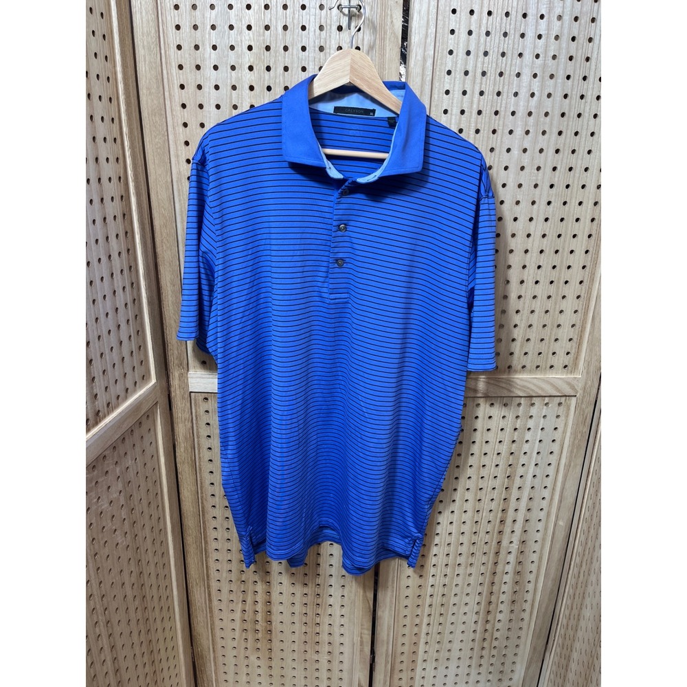 Greyson‎ Mens XL Golf Polo Shirt Blue Black Striped Short Sleeve Wolf Logo
